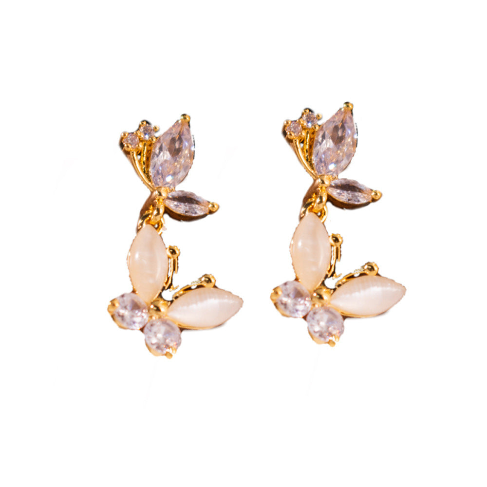 Wholesale  Luxury Zircon Butterfly Earrings Exquisite Cat's Eye Stone Design Sense Earrings