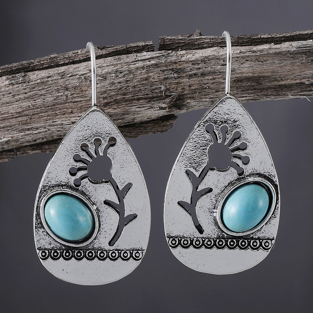 Wholesale Retro Drop-shaped Hollow Flower Turquoise Earrings - Everyday Fashion Accessory