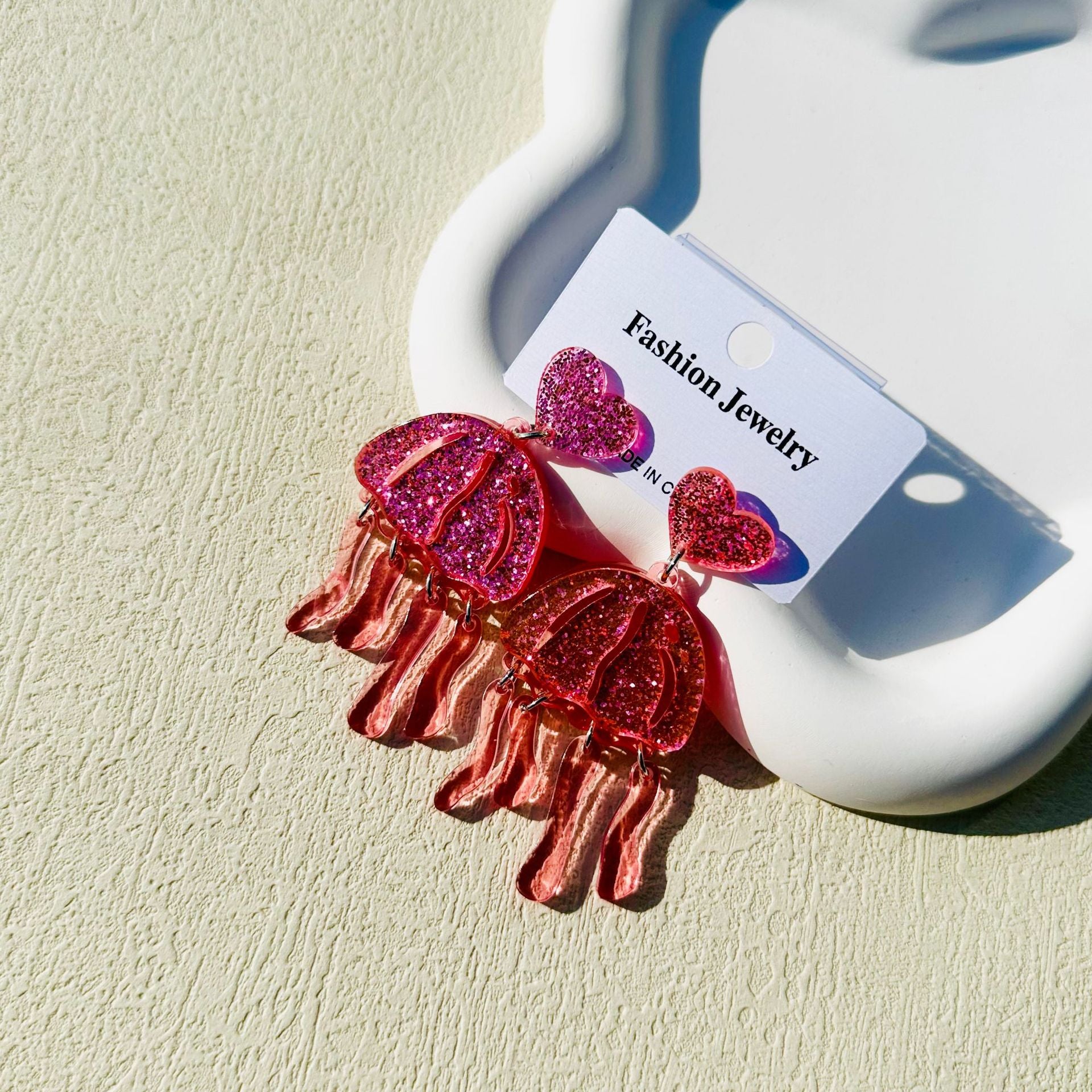 Wholesale Acrylic Valentine's Day Love Heart Jellyfish Glitter Earrings