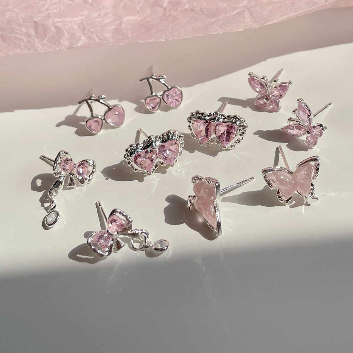 Wholesale Summer butterfly earrings set versatile exquisite zircon pink earrings
