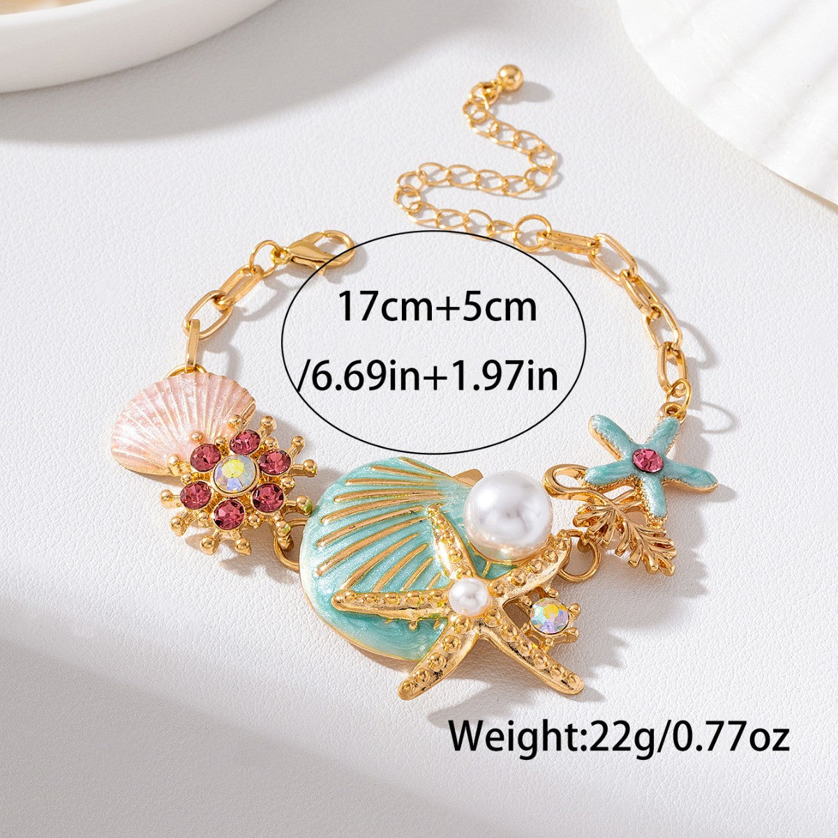 Wholesale Ocean Beach Style Starfish Shell Pearl Bracelet With Rhinestone Flower Pendant Blue Zinc Alloy Women S Vacation Jewelry Accessory