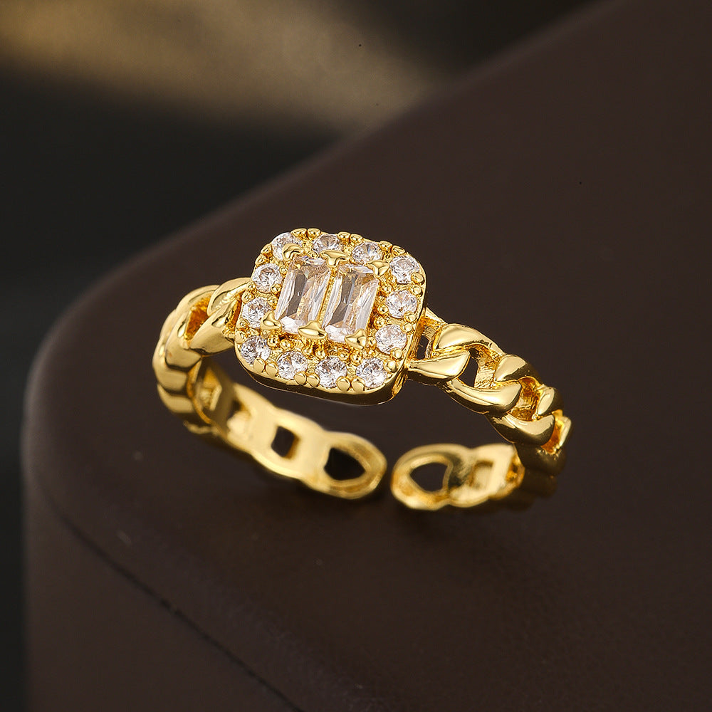 Wholesale Sugar Cube Square Zircon Ring Gold Tone Chic Fashion Accessory Boutique Gift