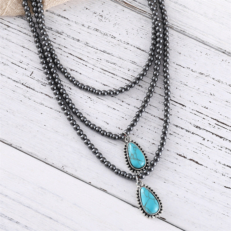Wholesale Zinc Alloy Bohemian Teardrop Turquoise Black Bead Necklace Jewelry Accessory