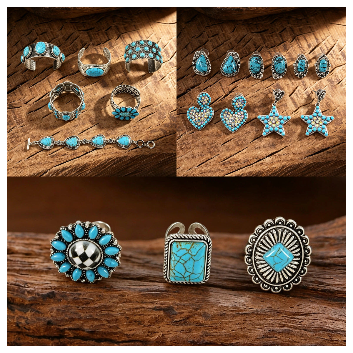 Wholesale Retro Turquoise Jewelry Set Ethnic Style Distressed Earrings Ring Bracelet For Women Gift Resale Accessory