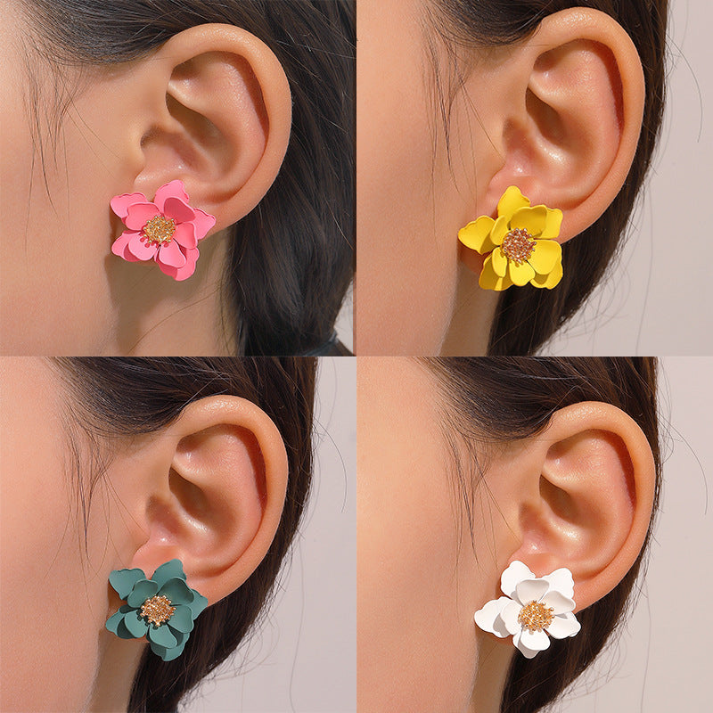 Wholesale Baking Paint Finish Frosted Flower Earrings Trendy Multi Layer Petal Jewelry Accessory For Boutique Resale