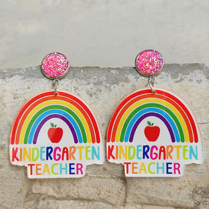 Wholesale 2 Pairs/pack Rainbow Apple Leopard Print Glitter Acrylic Earrings Teacher's Day ACC-ES-HY021