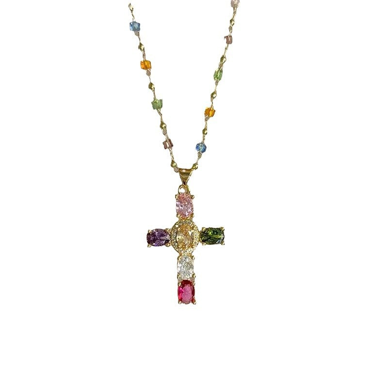 Wholesale Layering Colorful Cross Pendant Necklace Zinc Alloy Crystal Chain Fashion Accessory
