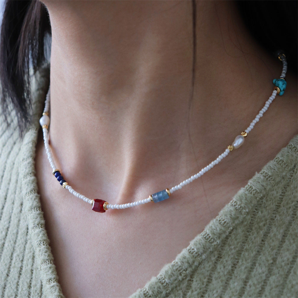 Wholesale Rice Beads Color Natural Stone Freshwater Pearl Handmade Beaded Clavicle Necklace