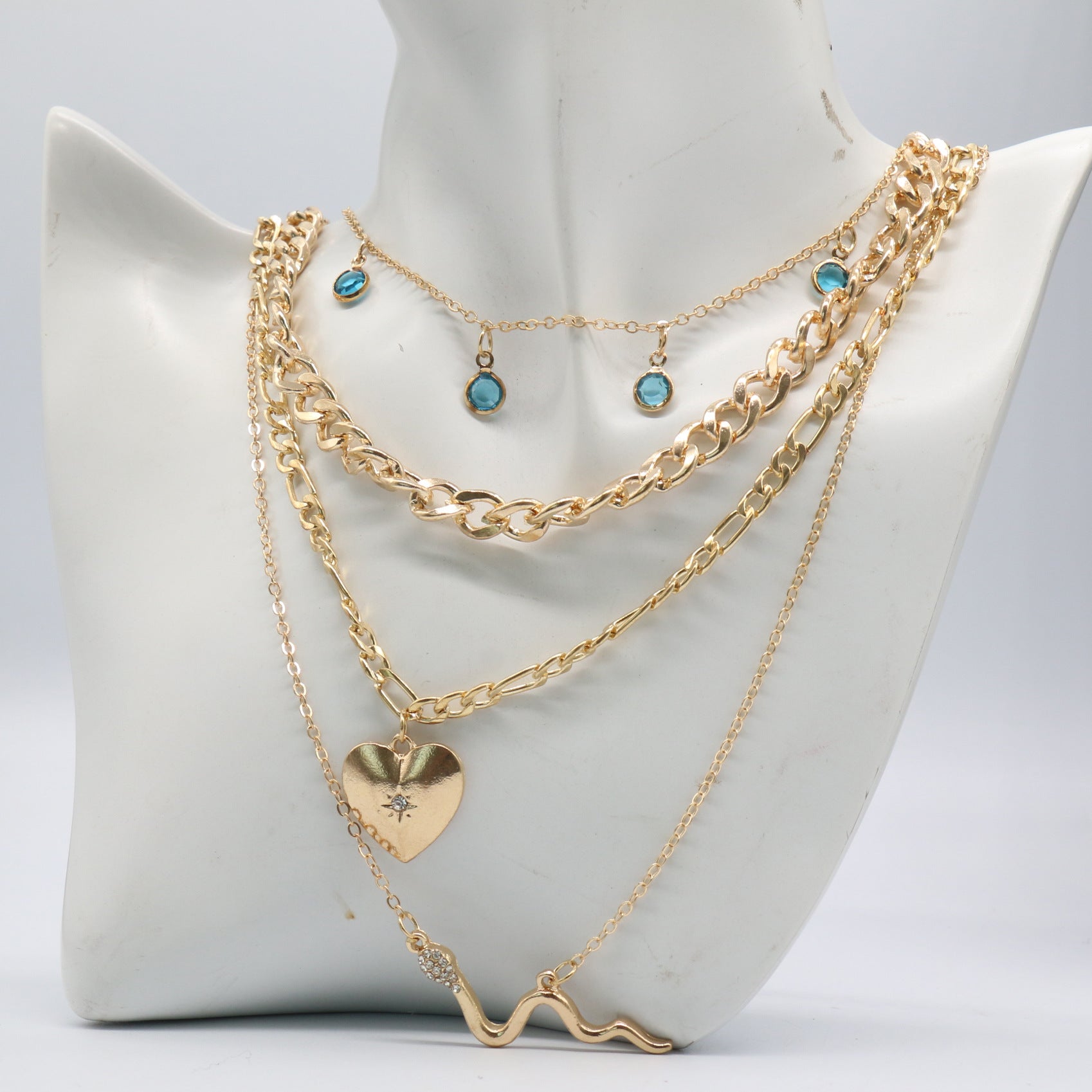 Wholesale Metal Diamond Blue Water Drop Love Multi-layer Tassel Necklace