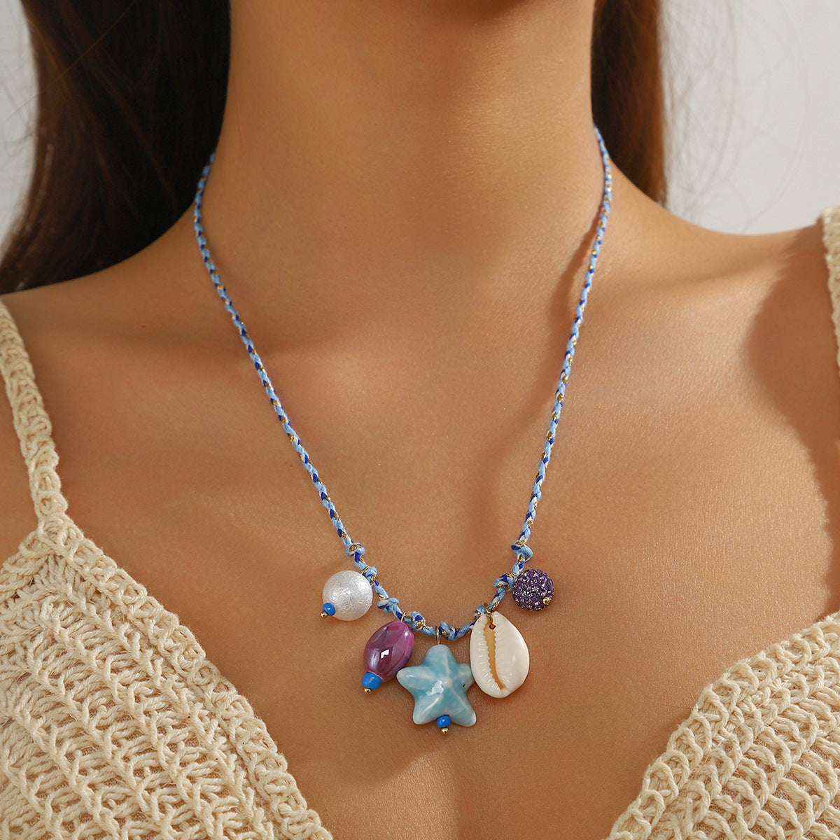 Wholesale  Ocean Style Braided Colored Rope Necklace Pearl Shell Starfish Ceramic Fish Pendant Bohemian Necklace