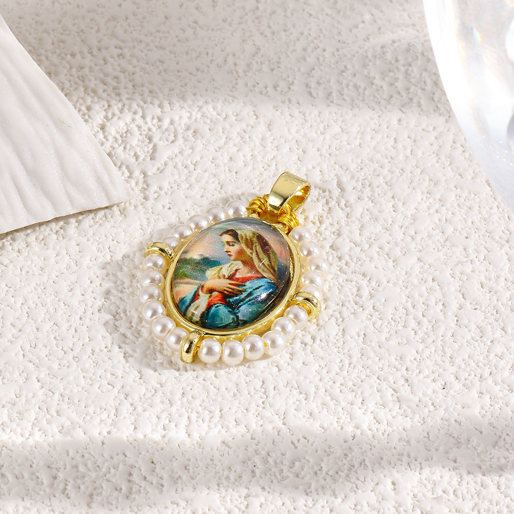 Wholesale Oval portrait of the Virgin Mary vintage copper plated 18k braided pendant