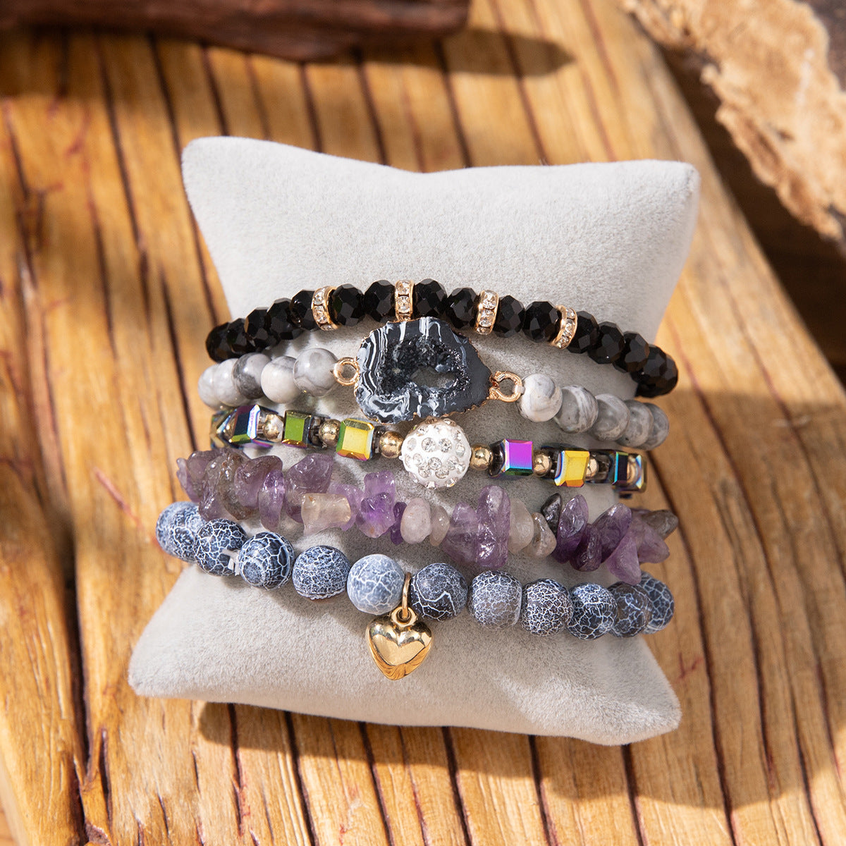 Wholesale 5pcs/set Crushed Rose Quartz Bohemian Beaded Bracelet Set