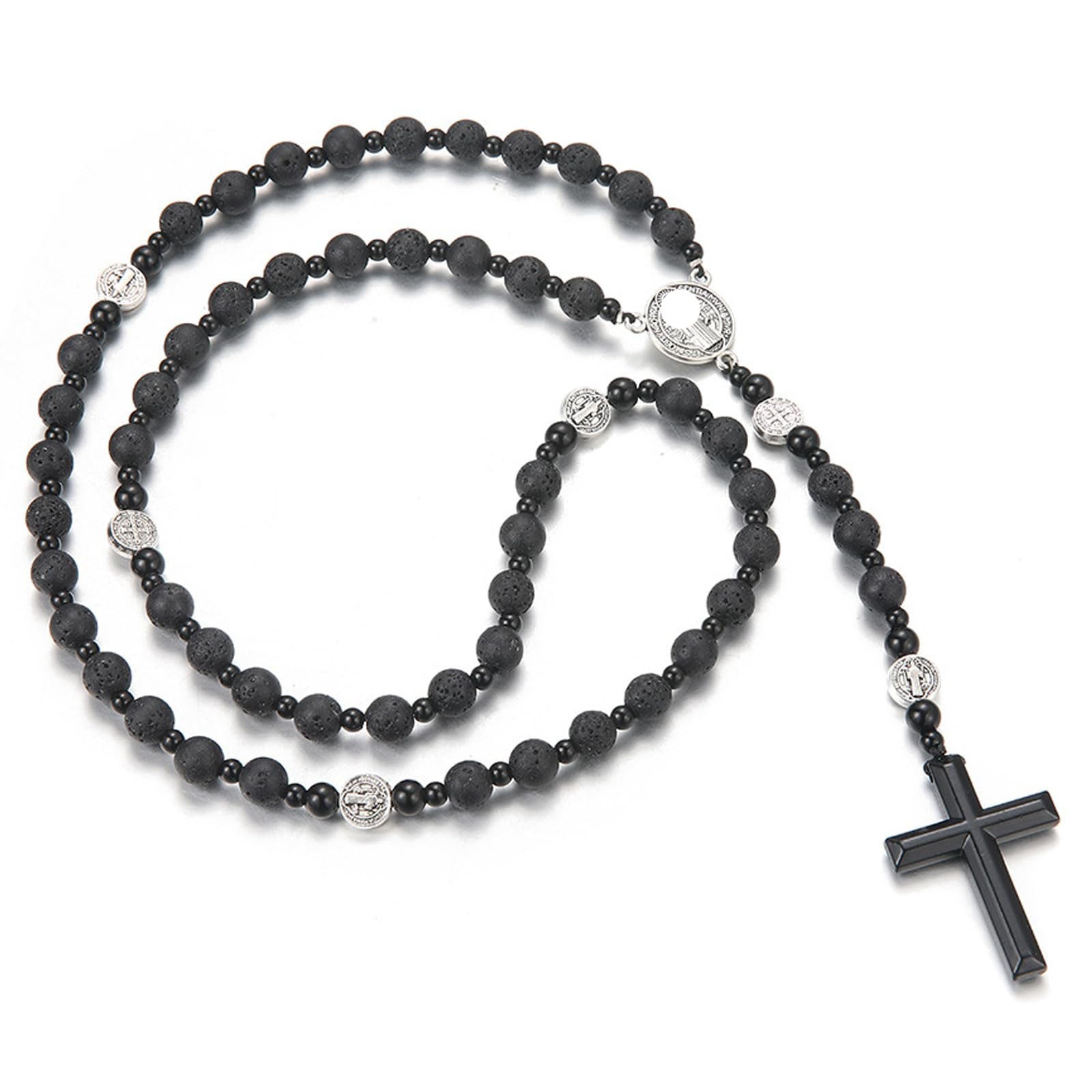 Wholesale Volcanic Stone Cross Necklace Natural Tiger Eye Black Gallstone Silver Spacers Chic Jewelry Accessory