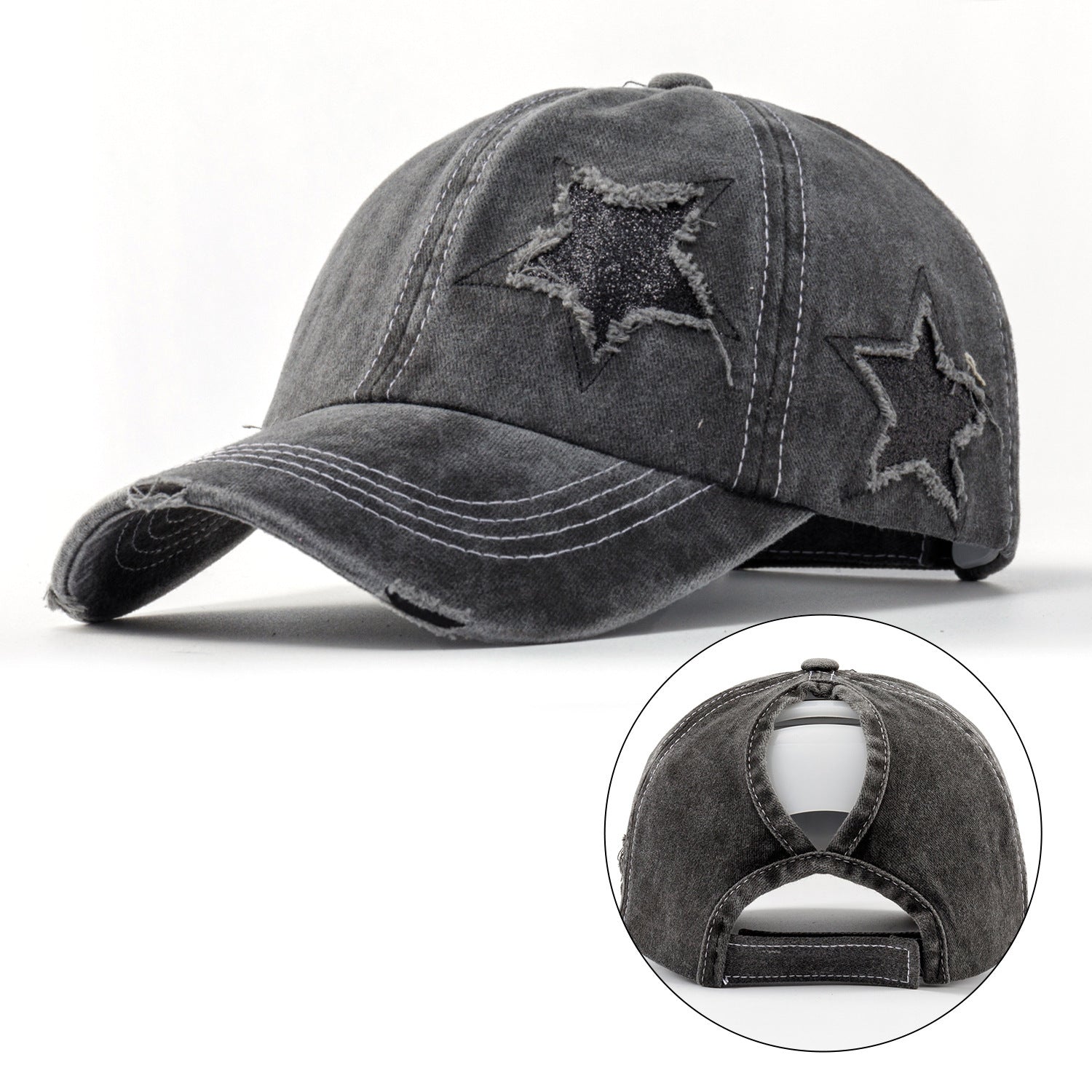 Wholesale Stylish Washed Cotton Baseball Cap Five Point Star Distressed Ponytail Hole Adjustable Curved Brim Black Hat For Casual Use And Resale