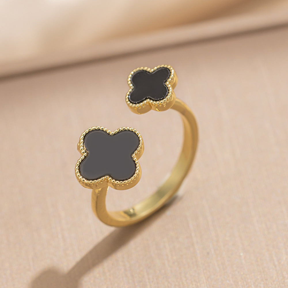 Wholesale Korean Style Korean Style Elegant Classic Black and White Two Color Leaf Opening Ring Adjustable Size Finger Ring Women' s Gift ACCVIP