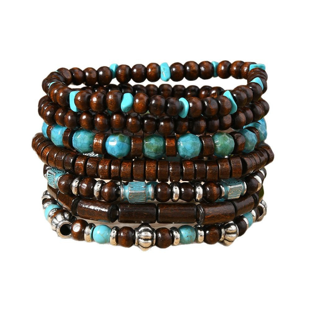 Wholesale 7 piece set  wooden beads turquoise bracelet