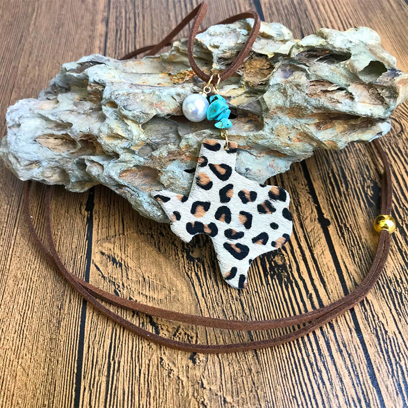 Wholesale 3pcs/pack Western Style Cow Head Texas Map Leopard Print Turquoise Pearl Cowhide Leather Necklace