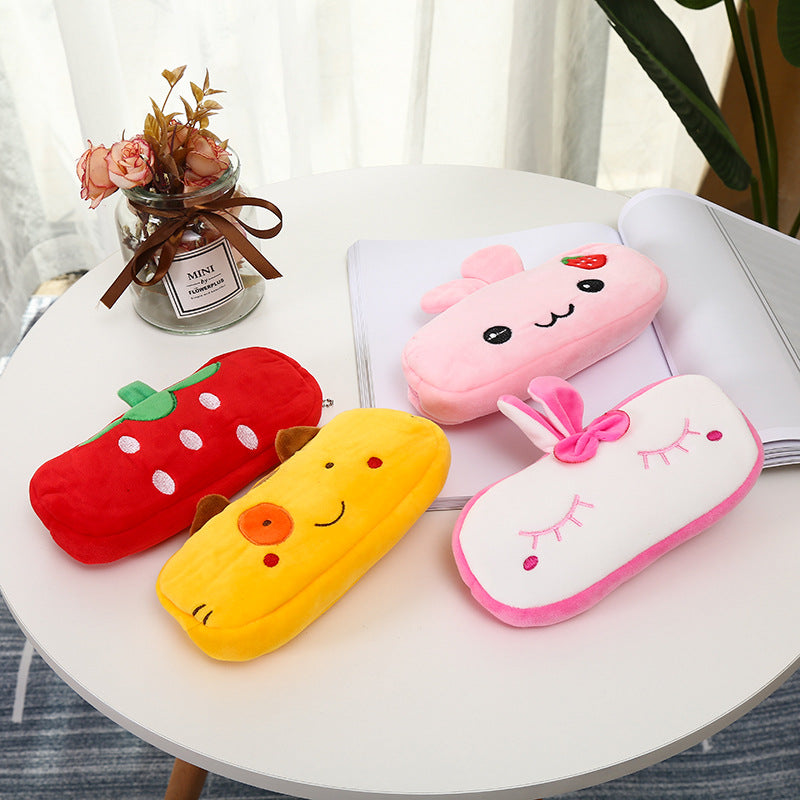 Wholesale cartoon zipper large capacity short plush pen case