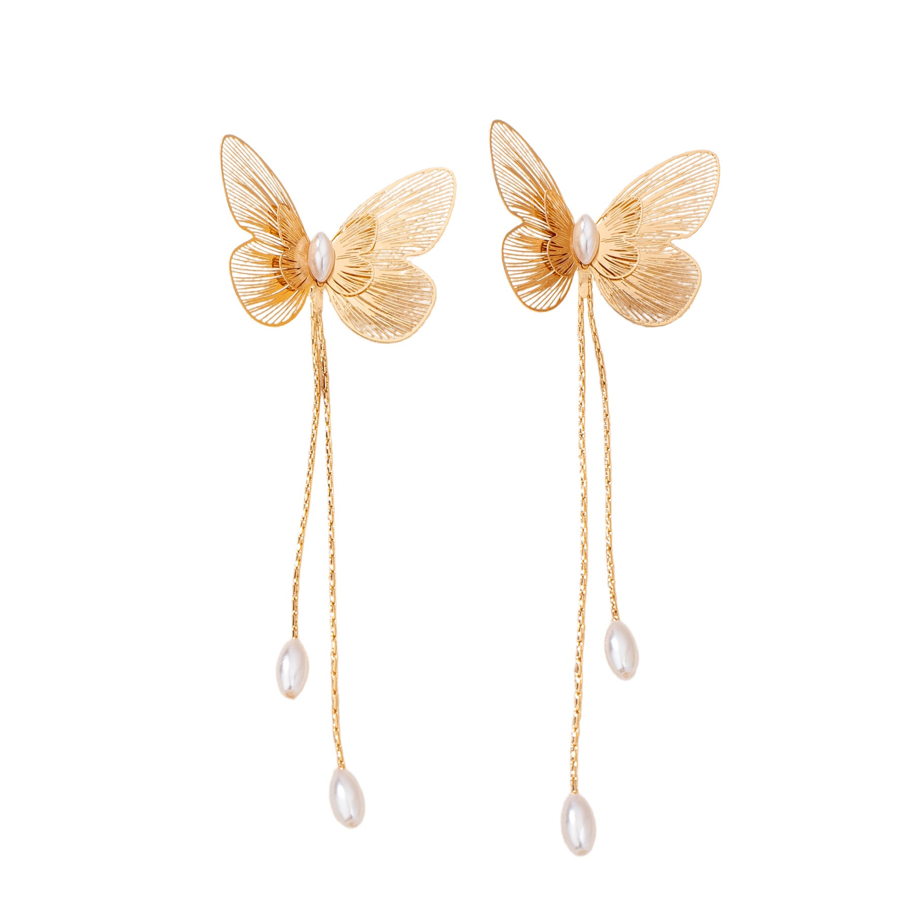 Wholesale French Butterfly Tassel Pearl Earrings Gold Tone Hollow Design Women S Fashion Jewelry Accessory