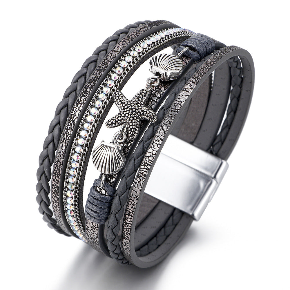 Wholesale Woven Artificial Leather Starfish Shell Bracelet Women S Bohemian Jewelry Accessory