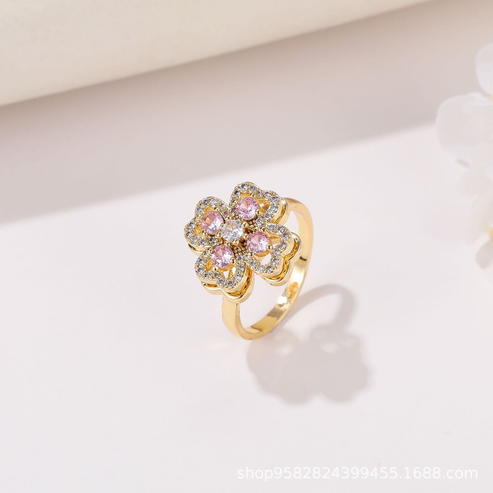 Wholesale 360° Rotating Double-Layer Flower Ring Gold Plated Zircon Fashion Accessory Boutique Gift