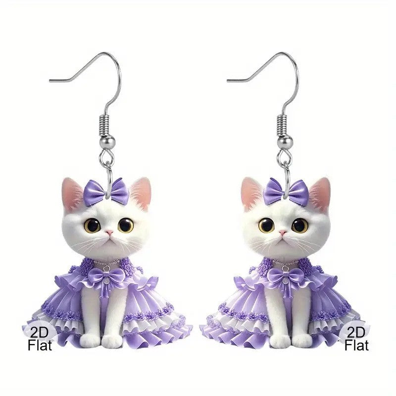 Wholesale Purple Dress White Cat Acrylic Earrings