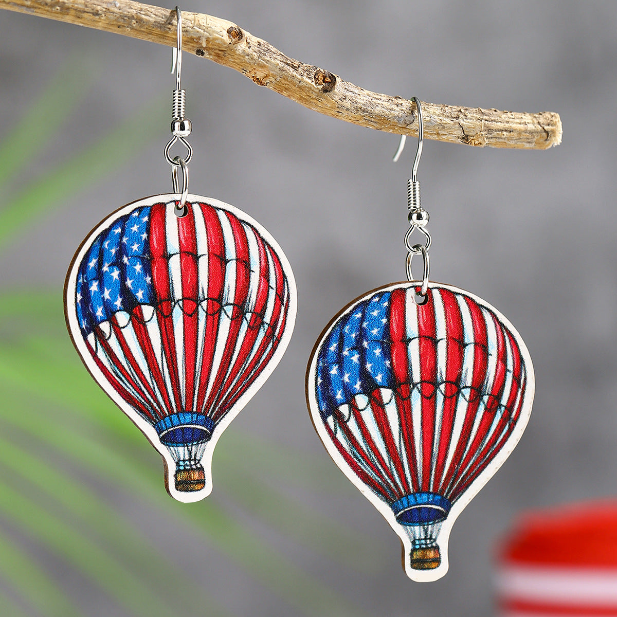 Wholesale  US Independence Day Element Wooden Water Drop Earrings