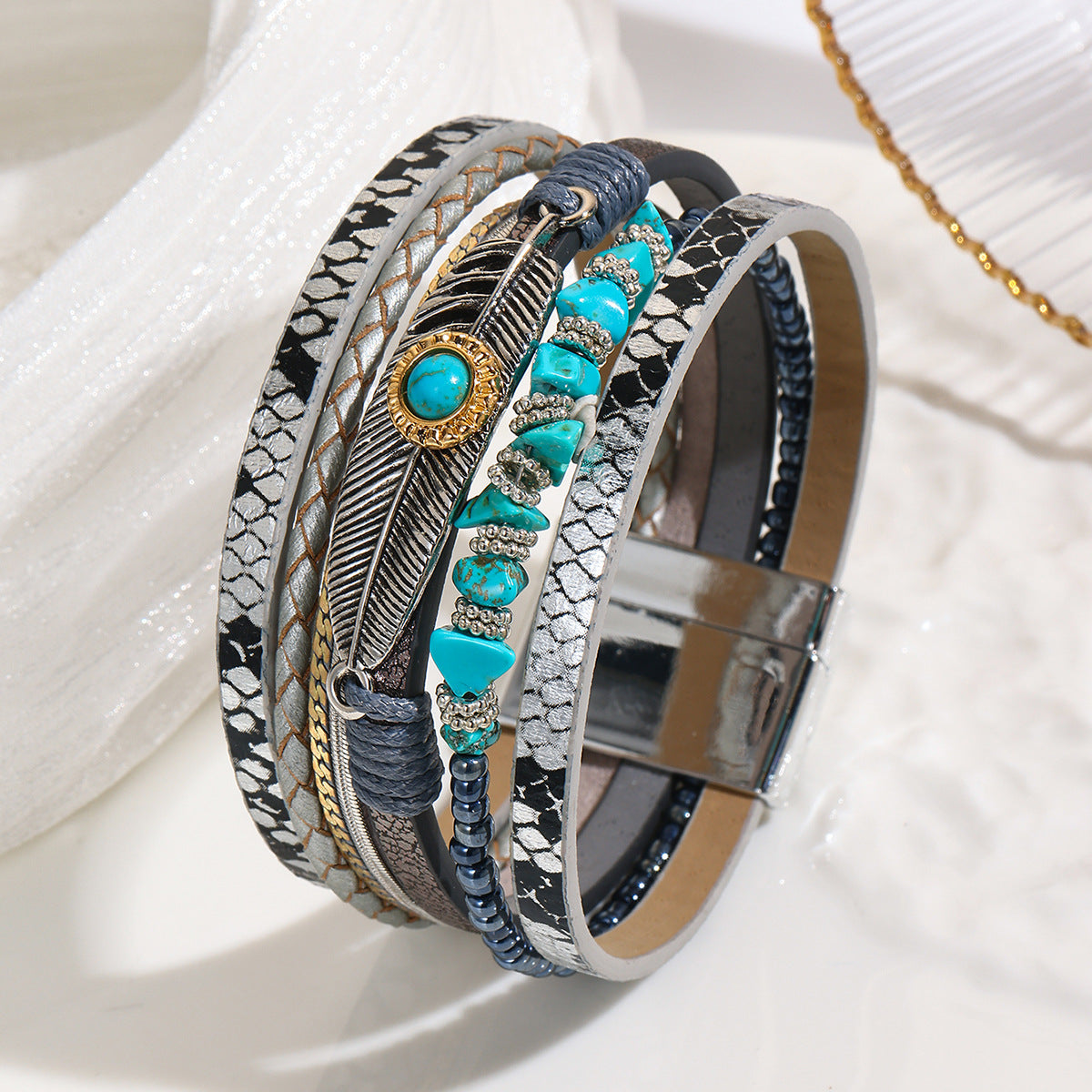 Wholesale Unisex Bohemian Faux Leather Feather Magnetic Bracelet Business Gift Jewelry Accessory