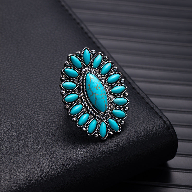 Wholesale Retro Bohemian Silver Flower Imitation Turquoise Ring - Fashion Accessory for Boutique Resale
