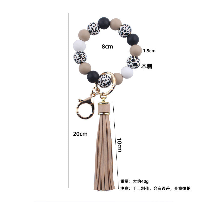 Wholesale leather PU tassel silicone beads wooden beads DIY  bracelet keychain