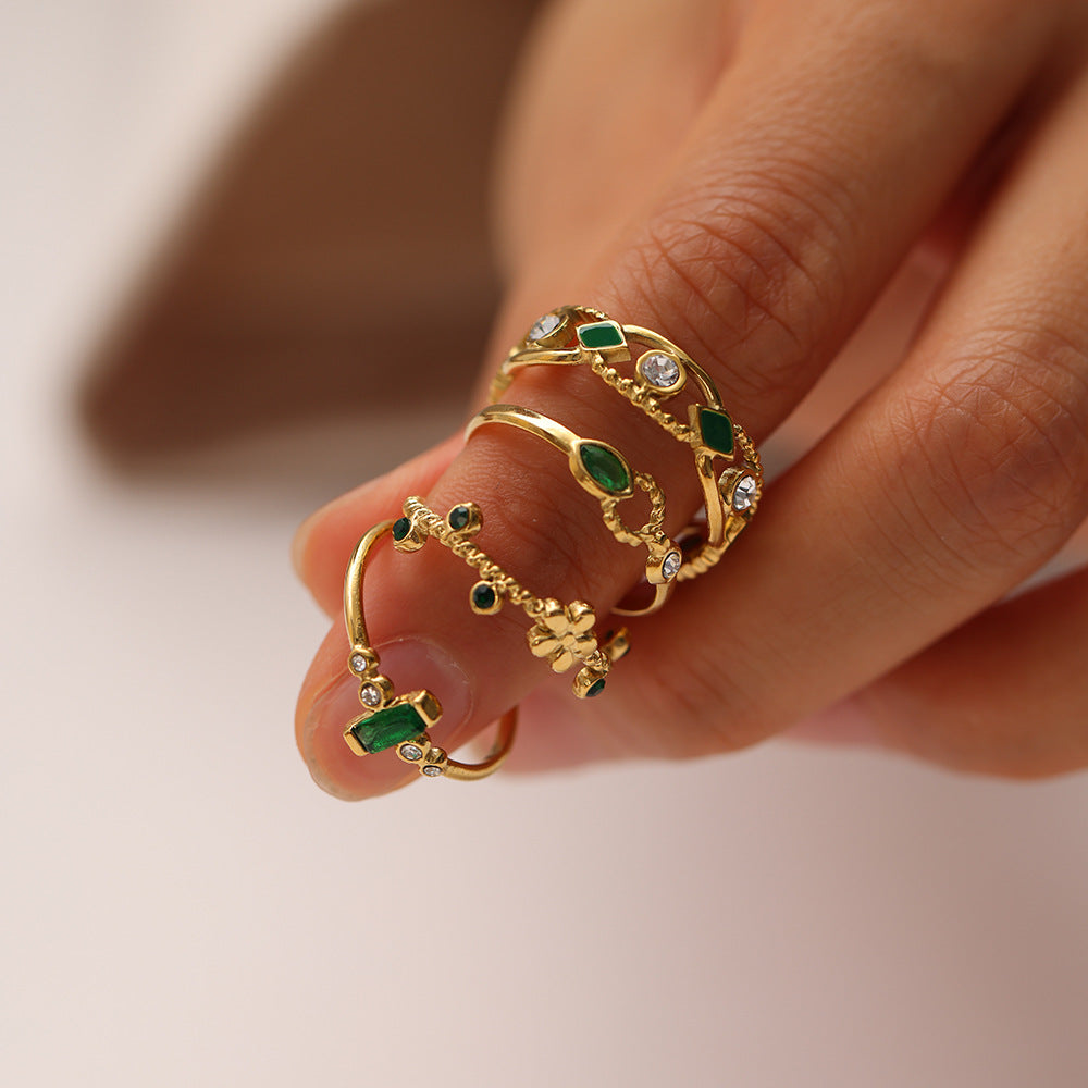 Wholesale Emerald Zircon Titanium Steel Open Colored Gemstone Ring Flower Ring ACC-RS-Yachan002