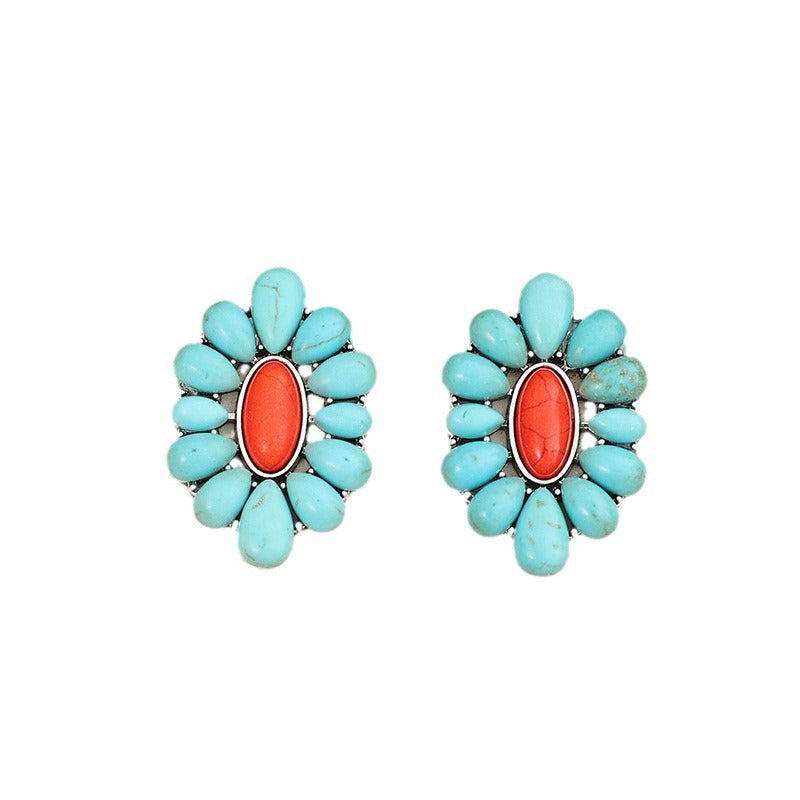 Wholesale Retro Bohemian Alloy Turquoise Floral Earrings Jewelry Accessory Gift