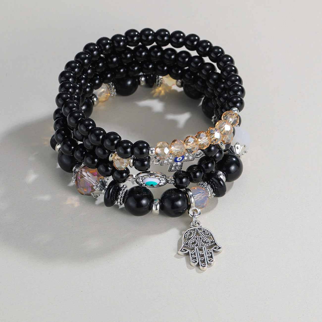 Wholesale alloy rhinestone cross evil eye palm pendant crystal beaded multi-layer bracelet