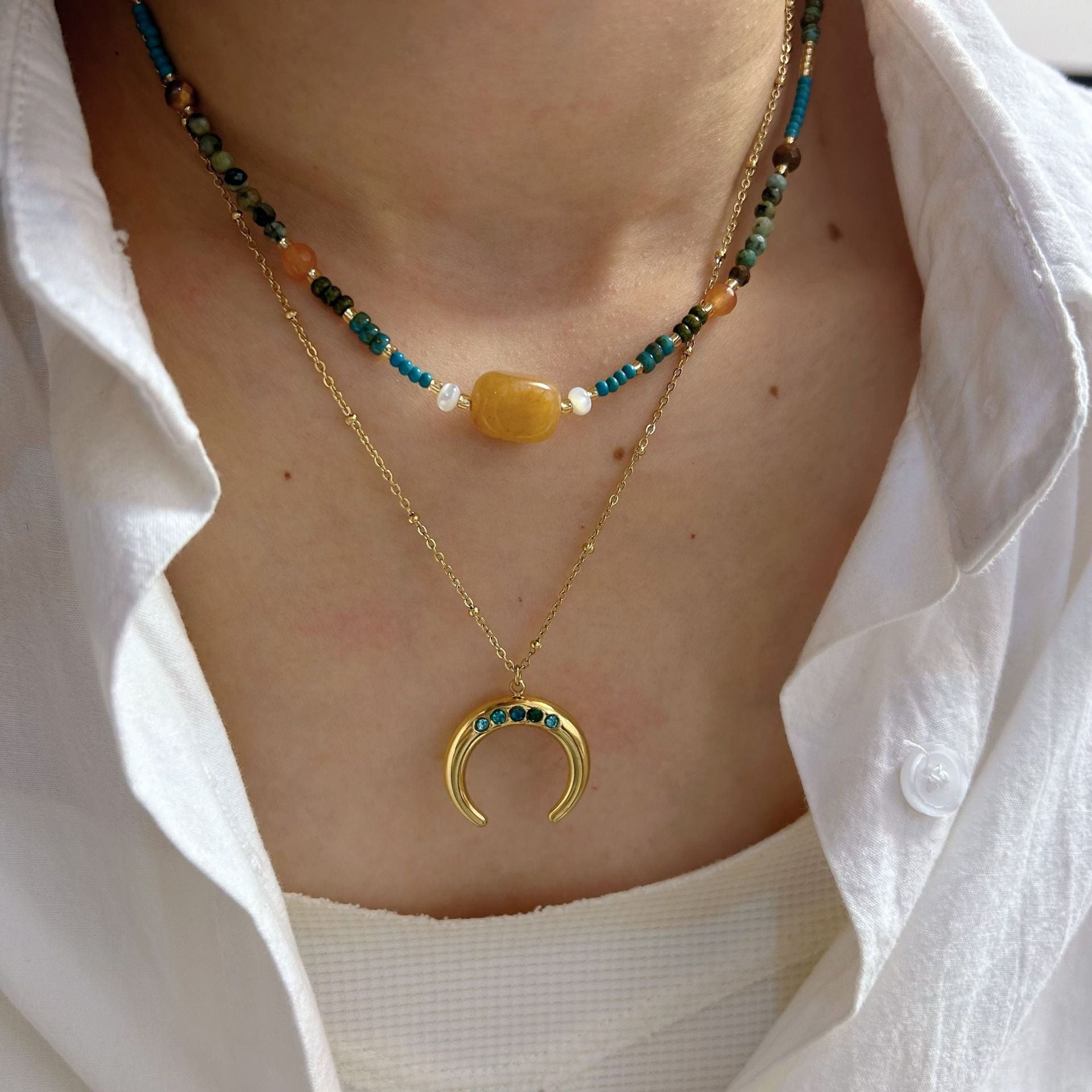 Wholesale Natural stone necklace with diamond moon oil drop sun titanium steel chain