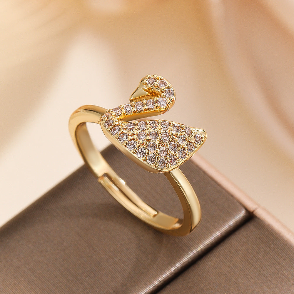 Wholesale Chic Gold Tone Swan Zircon Ring Adjustable Open Design Fashion Jewelry Accessory For Everyday Wear And Boutique Resale