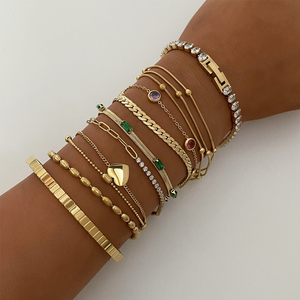 Wholesale  Stainless Steel Stacked  Inlaid Zircon Love Pendant Simple Design Bracelet suit