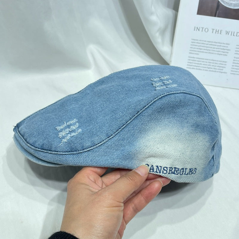 Wholesale  Vintage Washed Old Denim Hole Forward Cap Berets