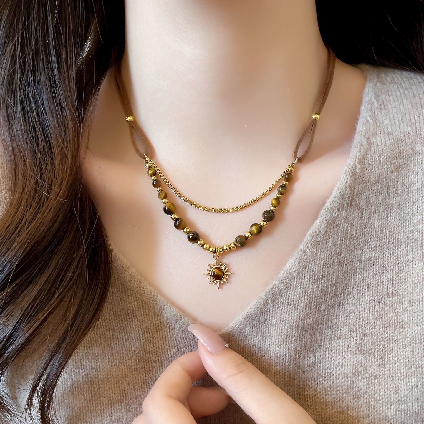 Wholesale Fashion Star Tiger Eye Stone Pendant Necklace Sweater Chain Jewelry Gift