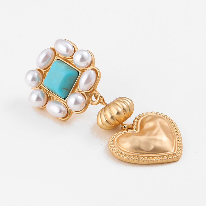 Wholesale Turquoise Matte Gold Love Heart Color Shell Zinc Alloy Earrings ACC-ES-KJ006