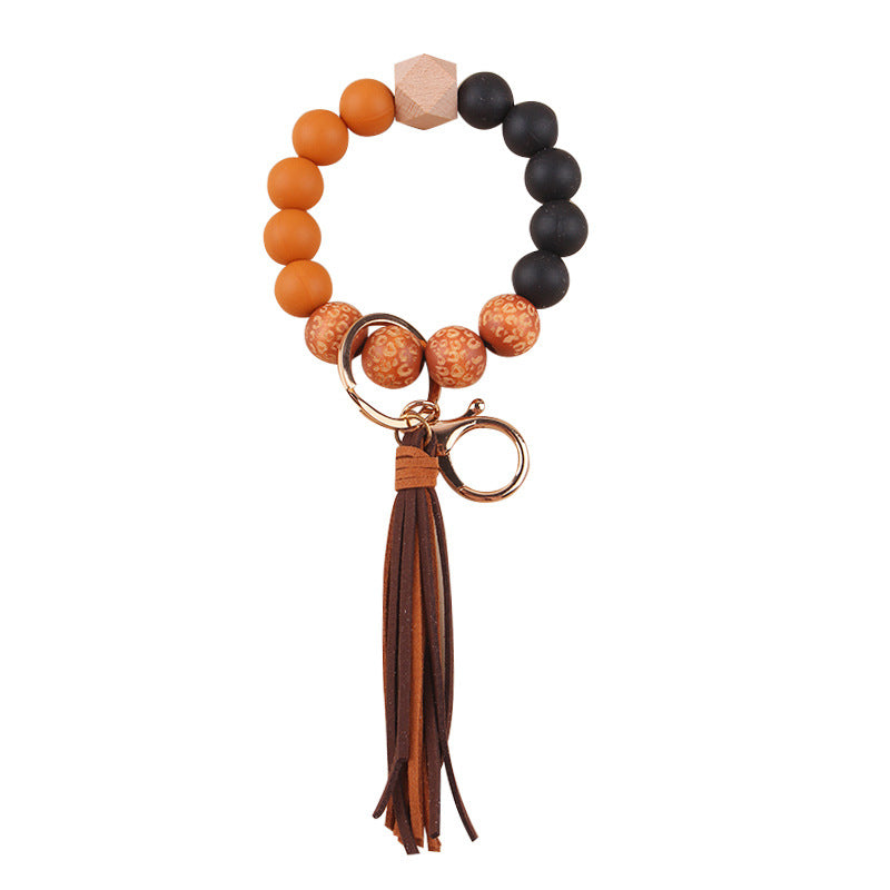 Wholesale Leopard Print Silicone Beads Tassel Wrist Keychain Wristlet Keychain ACC-KC-GuangTian046