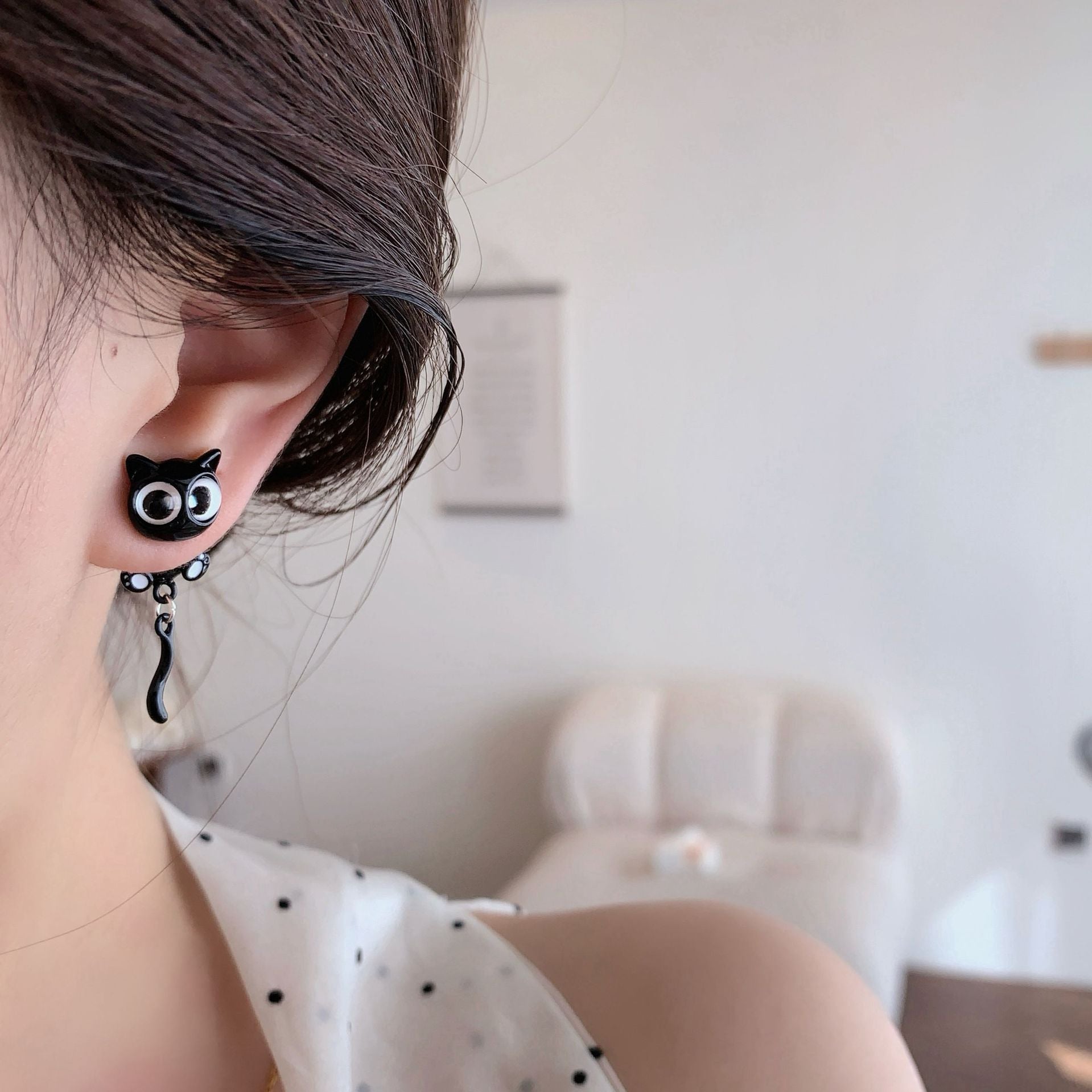 Wholesale Trendy Black Cat Earring Set,  Cute Cat Tail Design,  Silver Needle,  Zinc Alloy Drip Oil,  Everyday Jewelry Accessory
