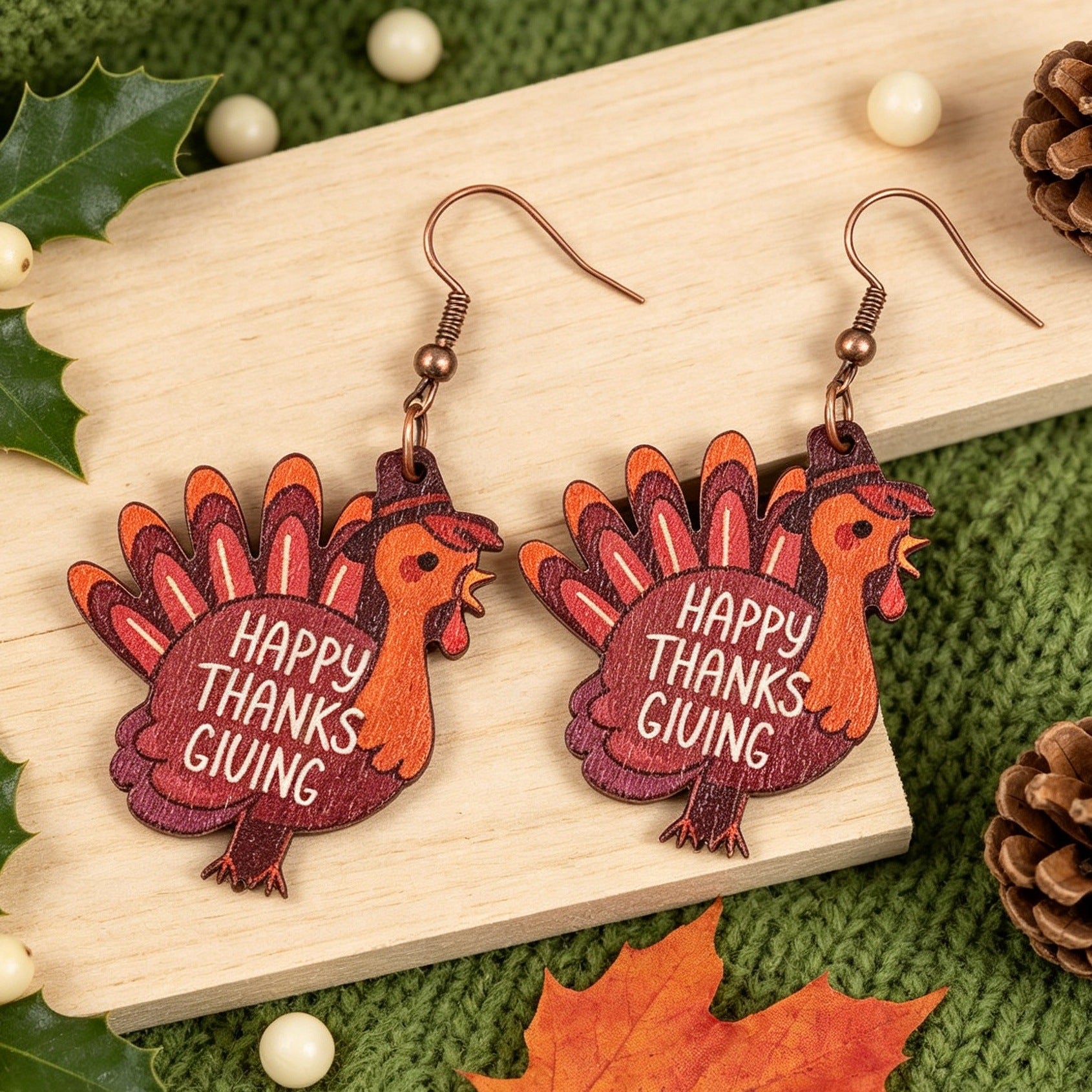 Wholesale Trendy Thanksgiving Turkey Wood Drop Earrings With Happy Thanksgiving Letter Print For Holiday Gift Party