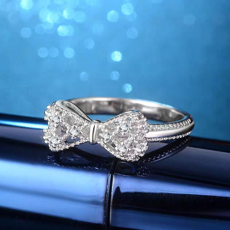 Wholesale 3D Bowknot Sweetheart Ring For Women Copper Zircon Fashion Jewelry Accessory Chic Princess Style Gift