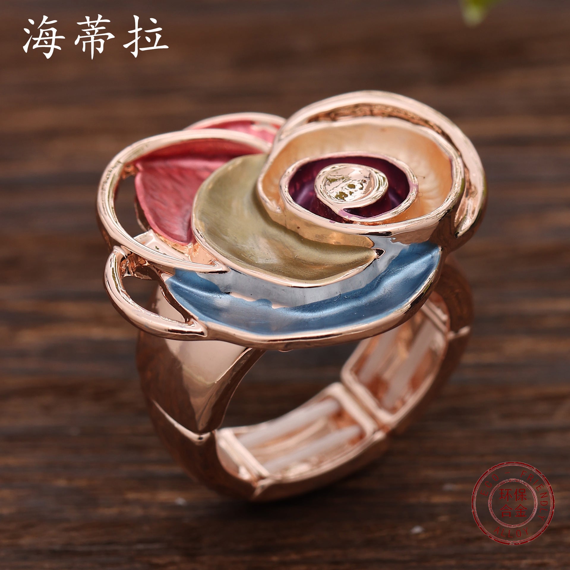Wholesale  Color Painting Oil Geometric Hollow Flower Elastic Ring