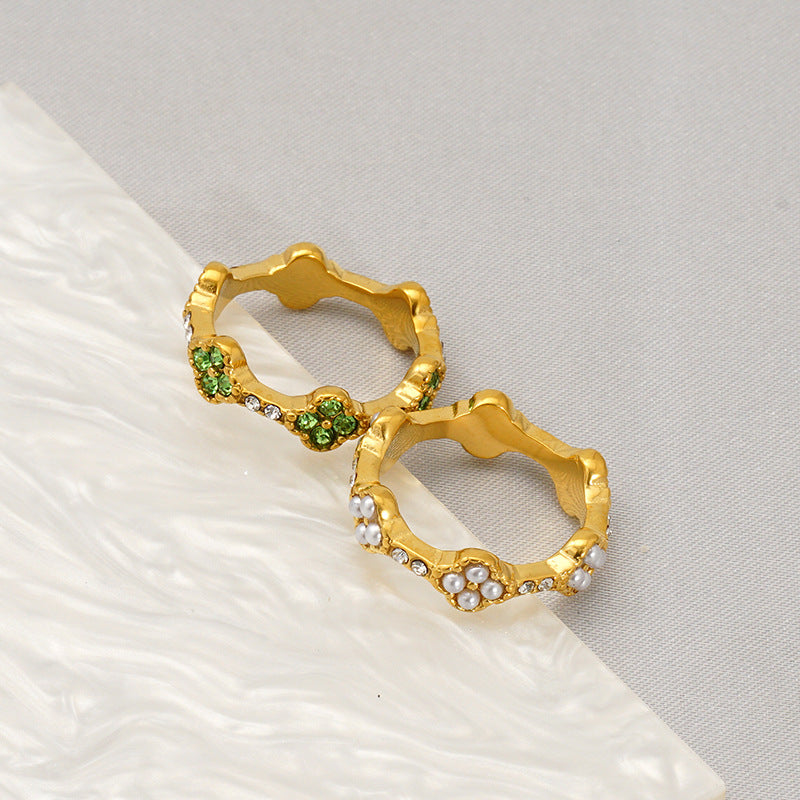 Wholesale Steel titanium ring with rhinestones,  man-made pearl flower ring