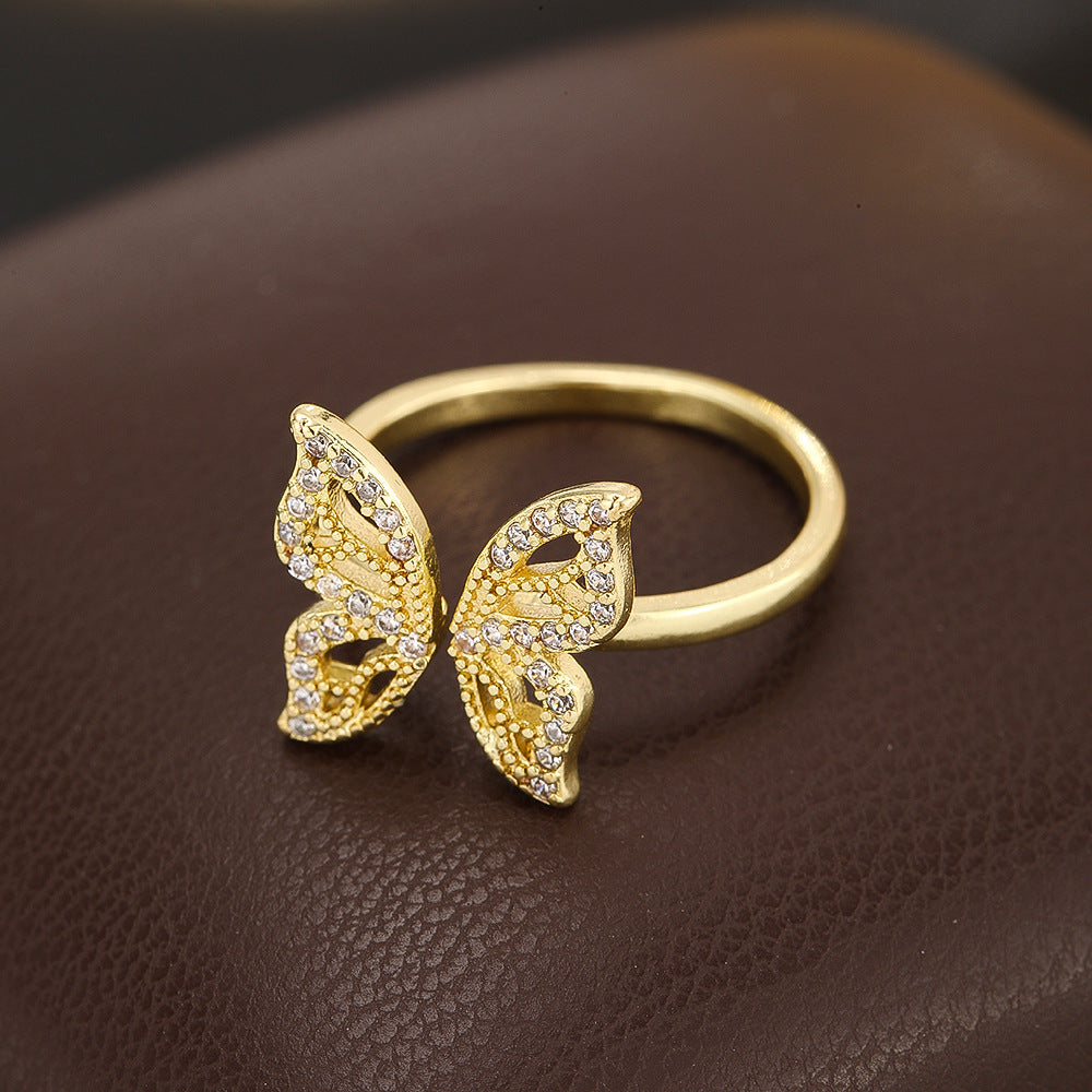 Wholesale Chic Butterfly Star Open Ring Gold Tone Adjustable Zircon Copper Alloy Jewelry Accessory Gift