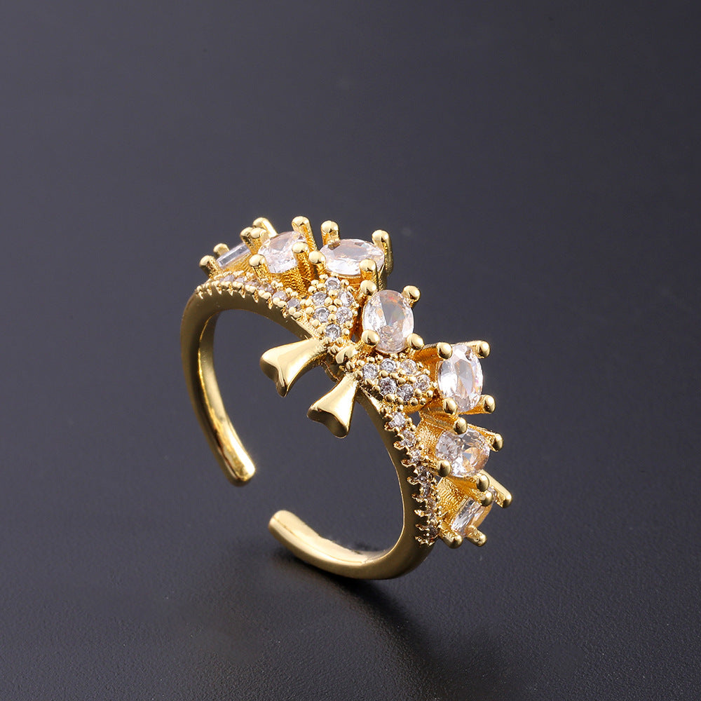 Wholesale European Fashion Sparkling Gold Plated Copper Zircon Open Ring Geometric Chic Jewelry Accessory Gift