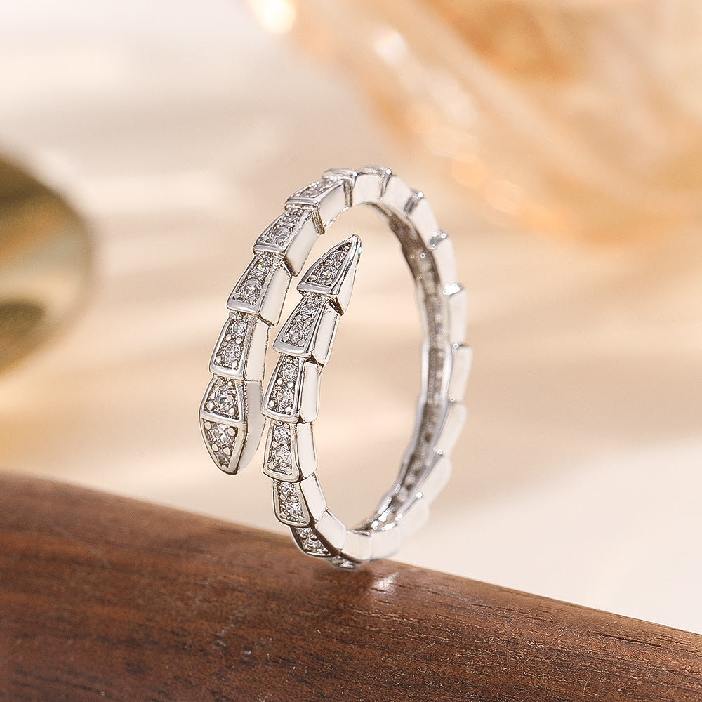 Wholesale Snake Design Zircon Ring Adjustable Open Style Silver Tone Fashion Jewelry Accessory Everyday Wear Gift