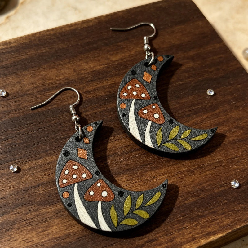Wholesale Geometric Wooden Crescent Earrings With Moon Mushroom Plant Print Fairy Tale Style Jewelry Accessory For Party Gift Resale