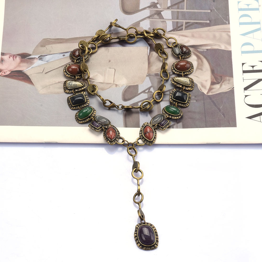 Wholesale Vintage Metal Gemstone Inlaid Long Necklace